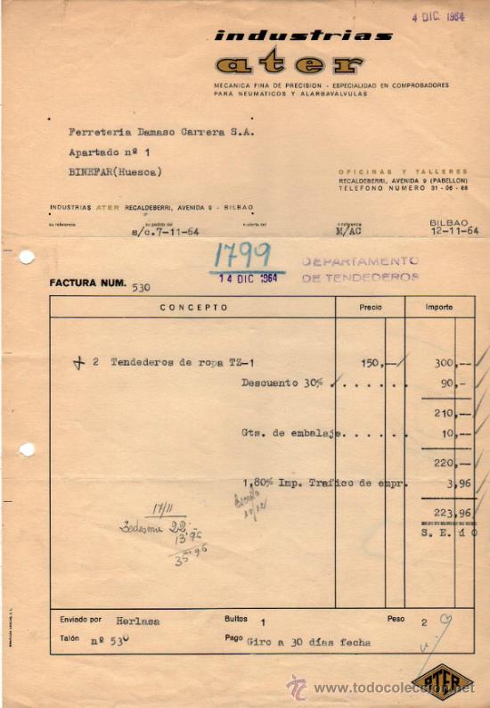 Factures anciennes: FACTURA DE INDUSTRIAS ATER. MECANICA FINA DE PRECISION. ESPECIALIDAD EN COMPROBADORES. BILBAO. 1964.