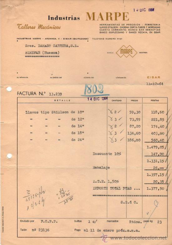Factures anciennes: FACTURA DE INDUSTRIAS MARPE. TALLERES MEC&Aacute;NICOS. EIBAR (GUIPUZCOA). 1964.