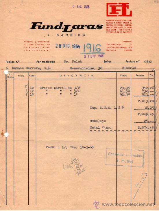 Factures anciennes: FACTURA DE FUND - LARAS. FUNDICION A COQUILLA DE LATON. ALUMINIO Y BRONCE. BARCELONA. 1964.