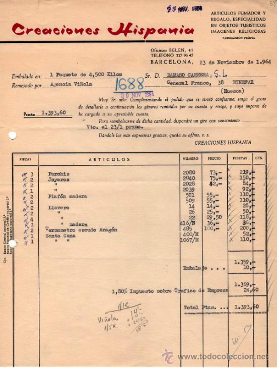 Factures anciennes: FACTURA DE CREACIONES HISPANIA. BARCELONA. 1964.