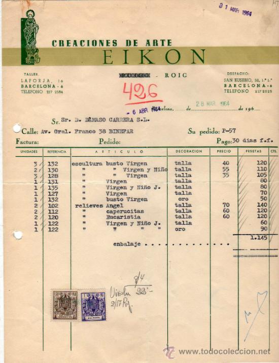 Factures anciennes: FACTURA DE CREACIONES DE ARTE EIKON. BARCELONA. 1964.