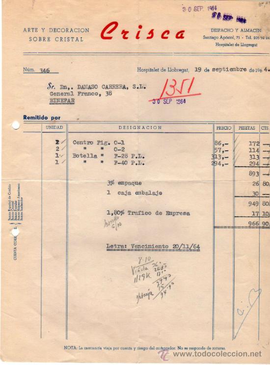 Factures anciennes: FACTURA DE CRISCA. ARTE Y DECORACION SOBRE CRISTAL. HOSPITALET DE LLOBREGAT (BARCELONA). 1964.