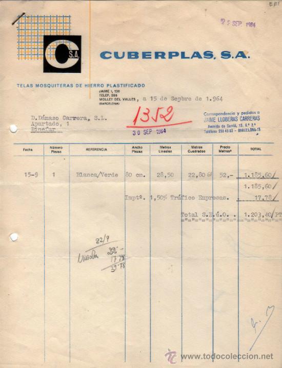 Factures anciennes: FACTURA DE CUBERPLAS, S. A. TELAS MOSQUITERAS DE HIERRO PLASTIFICADO. MOLLET DEL VALLES.  1964.