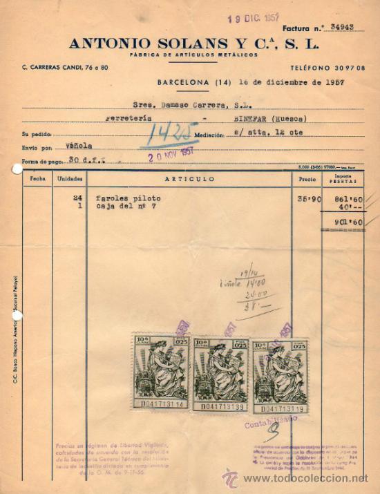 Factures anciennes: FACTURA DE ANTONIO SOLANS Y CIA., S. L. FABRICA DE ARTICULOS MET&Aacute;LICOS. BARCELONA .  1957.