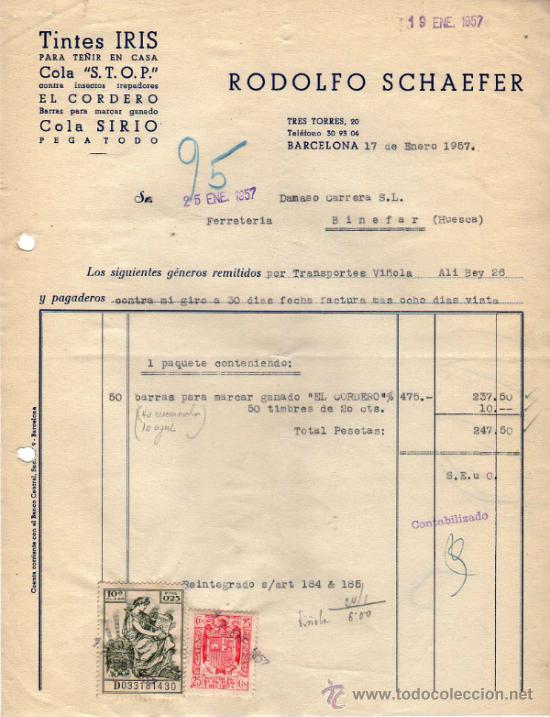 Factures anciennes: FACTURA DE RODOLFO SCHAEFER. BARCELONA . 1957.