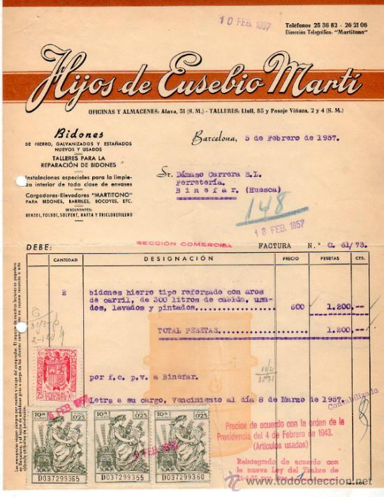 Factures anciennes: FACTURA DE HIJOS DE EUSEBIO MART&Iacute;. BARCELONA. 1957.