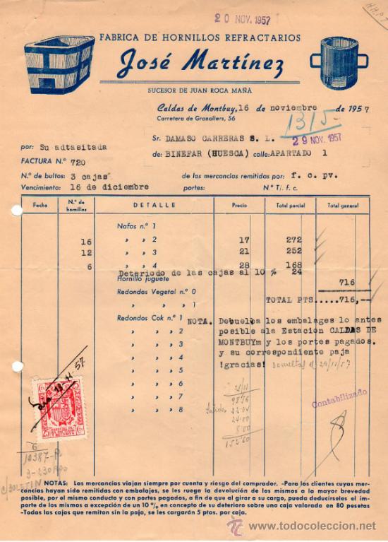 Factures anciennes: FACTURA DE JOS&Eacute; MART&Iacute;NEZ. FABRICA DE HORNILLOS REFRACTARIOS. CALDAS DE MONTBUY (BARCELONA). 1957.