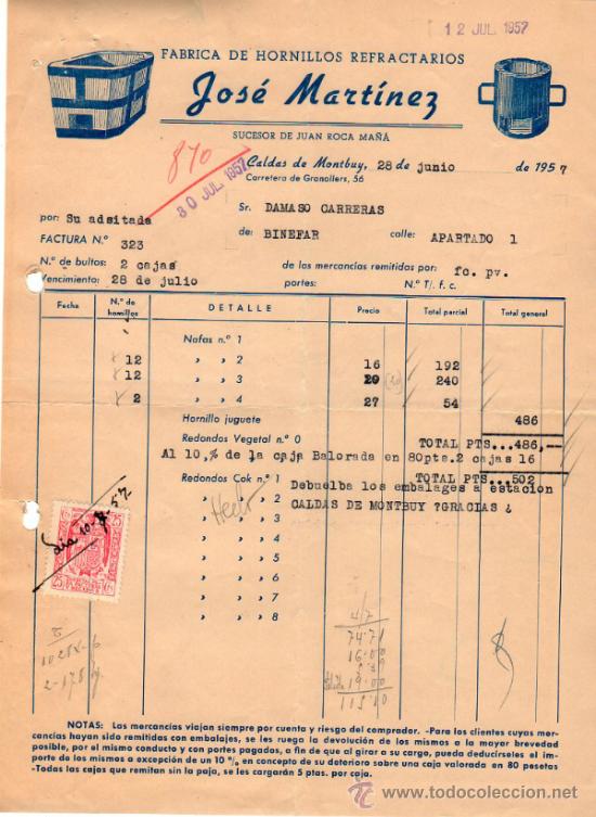 Factures anciennes: FACTURA DE JOS&Eacute; MART&Iacute;NEZ. FABRICA DE HORNILLOS REFRACTARIOS. CALDAS DE MONTBUY (BARCELONA). 1957.
