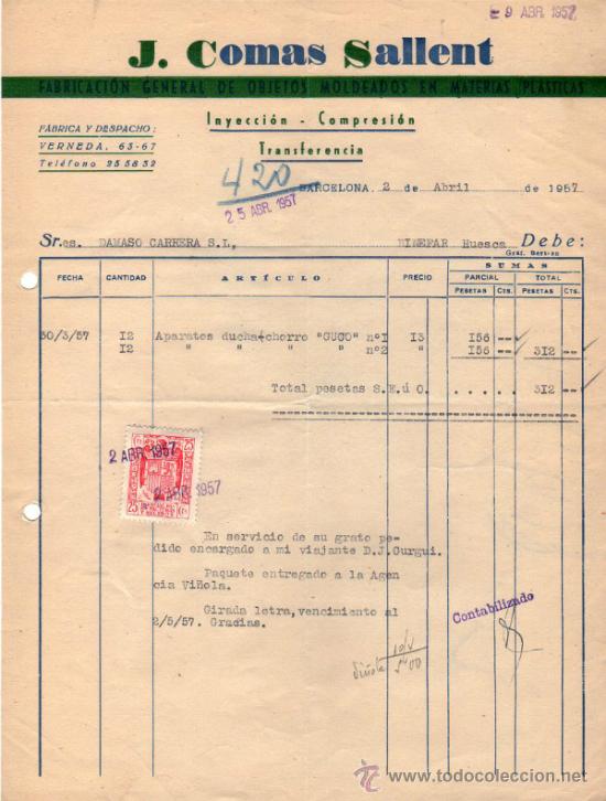 Factures anciennes: FACTURA DE J. COMAS SALLENT. FABRICACION DE OBJETOS MOLDEADOS EN MATERIAS PLASTICAS. BARCELONA. 1957