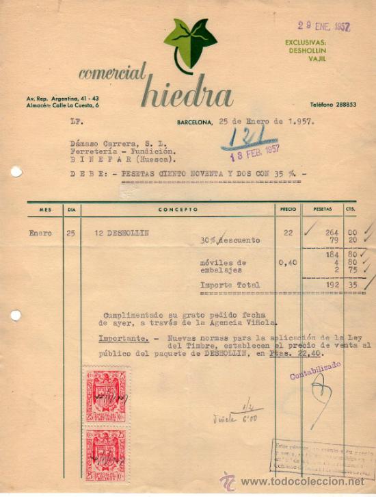 Factures anciennes: FACTURA DE COMERCIAL HIEDRA. BARCELONA. 1957.