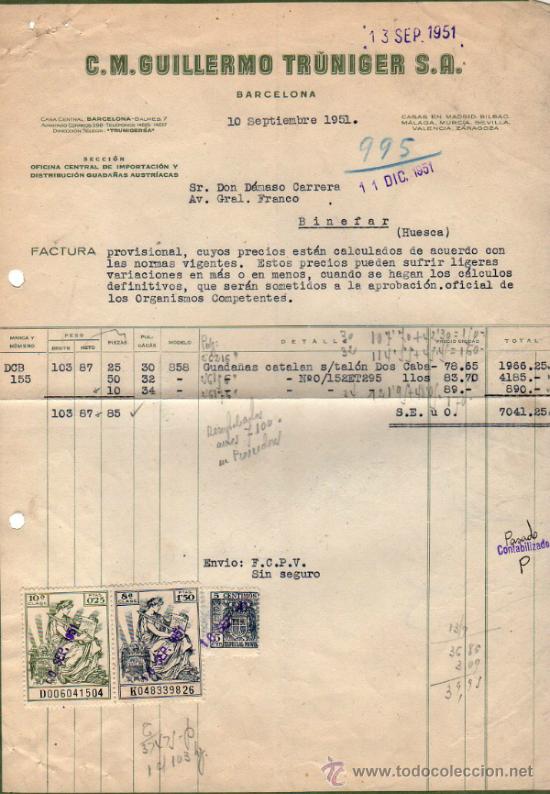 Factures anciennes: FACTURA DE C. M. GUILLERMO TRUNIGER, S. A. BARCELONA. 1951.