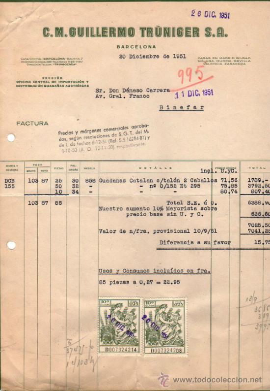 Factures anciennes: FACTURA DE C. M. GUILLERMO TRUNIGER, S. A. BARCELONA. 1951.