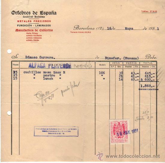 Facturas antiguas: FACTURA DE ORFEBRES DE ESPA&Ntilde;A, S. A. FUNDICION - LAMINADOS. MANUFACTURA DE CUBIERTO. BARCELONA. 1951