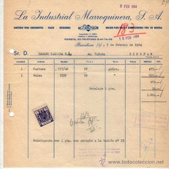 Facturas antiguas: FACTURA DE LA INDUSTRIA MARROQUINERA, S. A. FABRICA DE CARTERAS, VADES, NECESERES. BARCELONA. 1964.