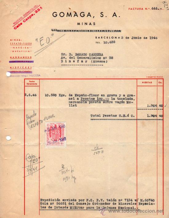 Facturas antiguas: FACTURA DE GOMAGA, S. A. MINAS.  BARCELONA. 1946.