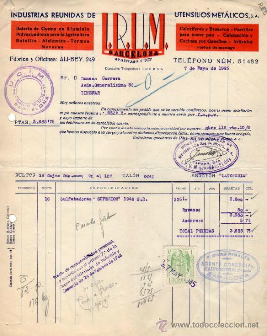 Facturas antiguas: FACTURA DE INDUSTRIAS REUNIDAS DE UTENSILIOS MET&Aacute;LICOS. I. R. U. M.  BARCELONA. 1945