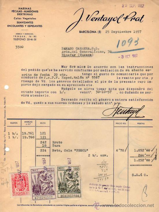 Facturas antiguas: FACTURA DE J. VENTAYOL PRAT. BARCELONA. 1957.