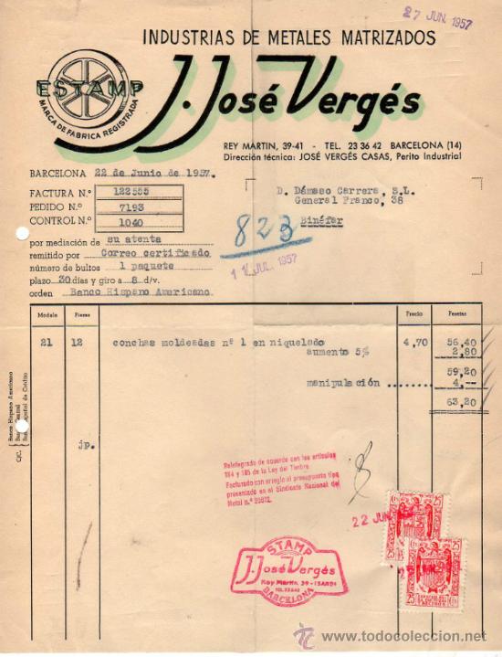 Facturas antiguas: FACTURA DE J. JOS&Eacute; VERG&Eacute;S. INDUSTRIAS DE METALES MATRIZADOS. BARCELONA. 1957.