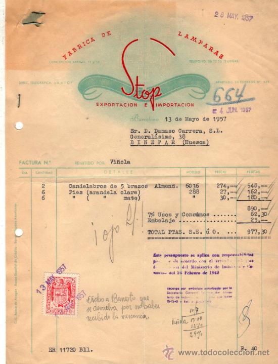 Facturas antiguas: FACTURA DE STOP. FABRICA DE LAMPARAS. EXPORTACION E IMPORTACION. BARCELONA. 1957.