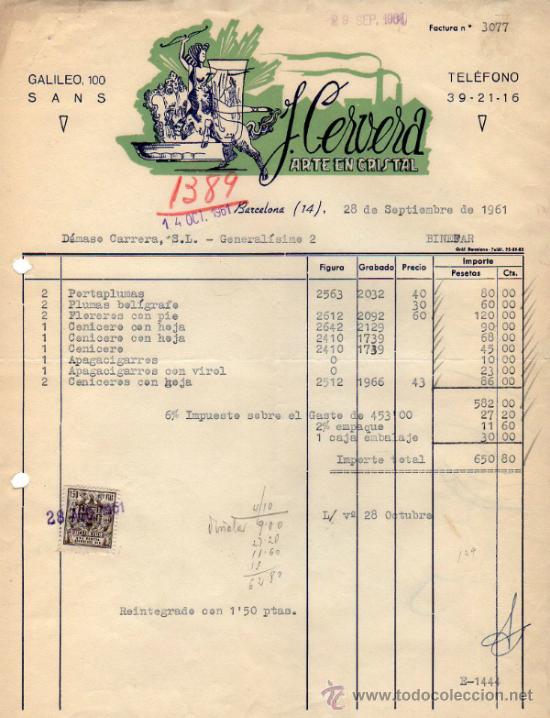 Facturas antiguas: FACTURA DE J. CERVERA. ARTE EN CRISTAL. BARCELONA. 1961.
