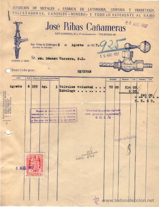 Facturas antiguas: FACTURA DE JOS&Eacute; RIBAS CA&Ntilde;AMERAS. FUNDICION DE METALES, FABRICA DE LATONER&Iacute;A. BARCELONA. 1957.