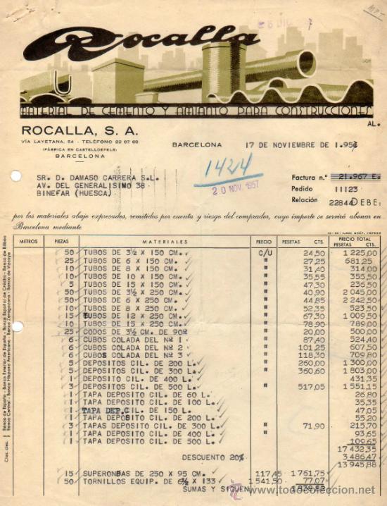 Facturas antiguas: FACTURA ROCALLAS, S.A. FABRICA DE MATERIAL DE CEMENTO Y AMIENTO PARA CONSTRUCCIONES. BARCELONA. 1957