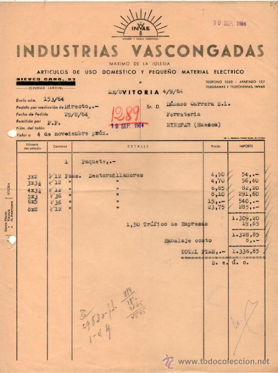 Facturas antiguas: FACTURA DE INDUSTRIAS VASCONGADAS. VITORIA (ALAVA). 1964.