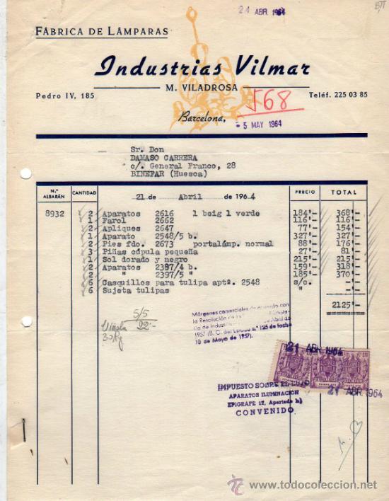 Facturas antiguas: FACTURA DE INDUSTRIAS VILMAR. M. VILADROSA. BARCELONA. 1964.