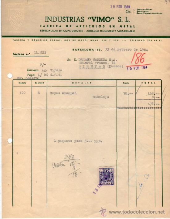 Facturas antiguas: FACTURA DE INDUSTRIAS VIMO, S. L. FABRICA DE ARTICULOS EN METAL. BARCELONA. 1964.