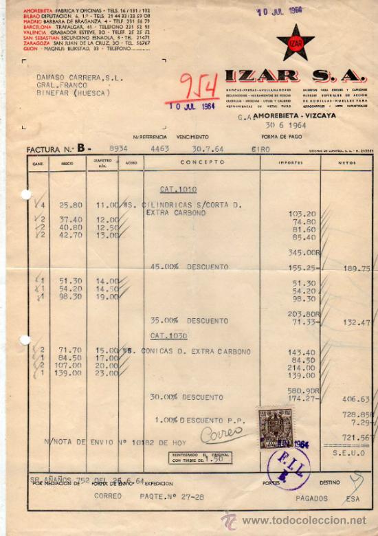 Alte Rechnungen: FACTURA DE IZAR, S. A. AMOREBIETA - VIZCAYA. 1964.