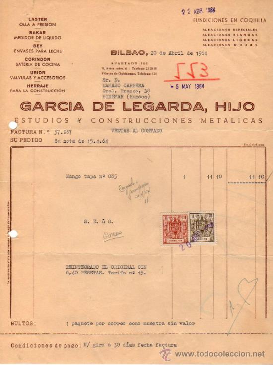 Alte Rechnungen: FACTURA DE GARCIA DE LEGARDA, HIJO. ESTUDIOS Y CONSTRUCCIONES METALICAS. BILBAO. 1964.