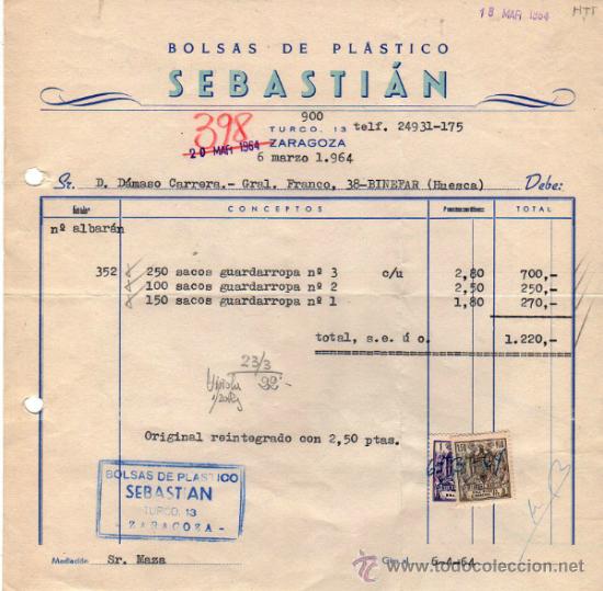 Alte Rechnungen: FACTURA DE SEBASTI&Aacute;N. FABRICA DE BOLSAS DE PL&Aacute;STICO. ZARAGOZA. 1964.