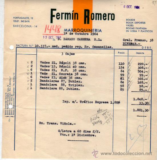 Alte Rechnungen: FACTURA DE FERM&Iacute;N ROMERO. MARROQUINERIA.  BARCELONA. 1964.