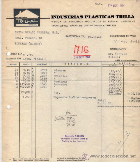 Alte Rechnungen: FACTURA DE INDUSTRIAS PLASTICAS TRILLA. FABRICA DE ARTICULOS MOLDEADOS EN RESINAS.  BARCELONA. 1964.