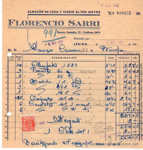Alte Rechnungen: FACTURA DE FLORENCIO SARRI. ALMAC&Eacute;N DE LOZA Y VIDRIO AL POR MAYOR. L&Eacute;RIDA. 1957.