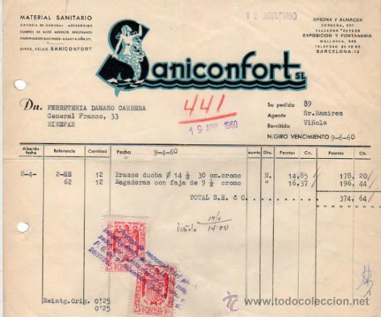 Alte Rechnungen: FACTURA DE SANICONFORT, S. L. MATERIAL SANITARIO, GRIFER&Iacute;A EN GENERAL. BARCELONA. 1960.