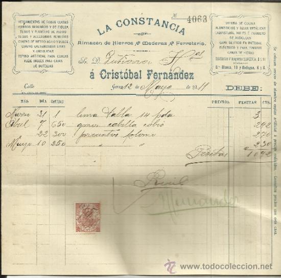 Facturas antiguas: FACTURA DE CRISTOBAL FERN&Aacute;NDEZ. &rdquo;LA CONSTANCIA&rdquo;. JEREZ DE LA FRONTERA. C&Aacute;DIZ. 1911