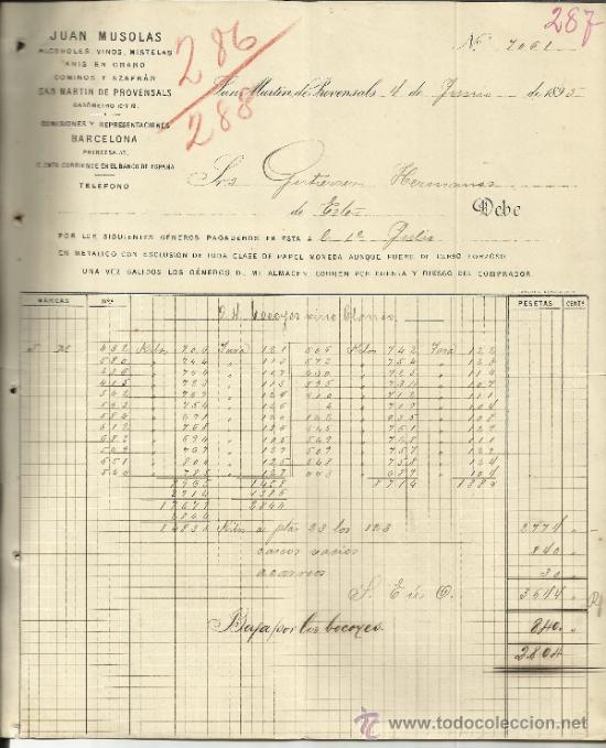 Facturas antiguas: FACTURA DE JUAN MUSOLAS. SAN MART&Iacute;N DE PROVENSALS. BARCELONA. 1895