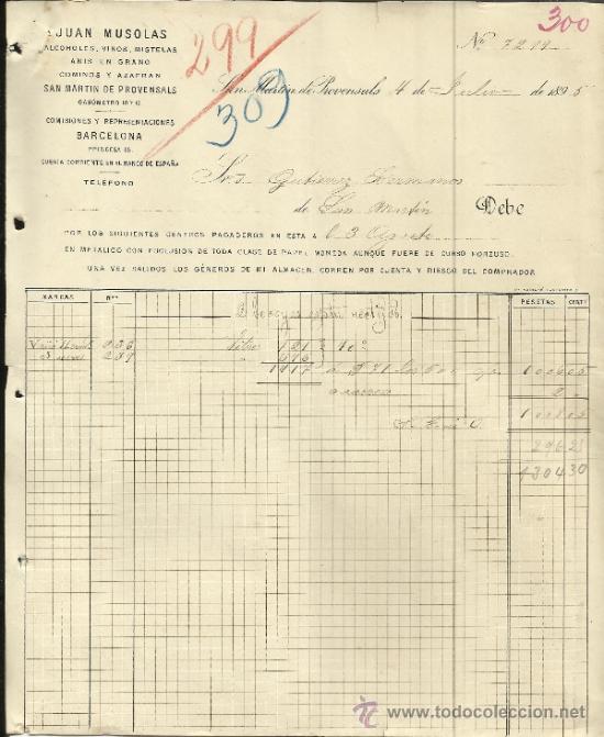 Facturas antiguas: FACTURA  DE JUAN MUSOLAS. SAN MART&Iacute;N DE PROVENSALS. BARCELONA. 1895