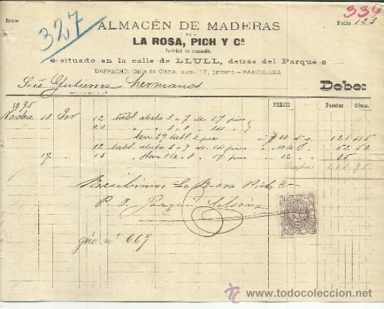 Facturas antiguas: FACTURA DE LA ROSA, PICH Y C&ordf;. ALMAC&Eacute;N DE MADERAS. BARCELONA. 1895