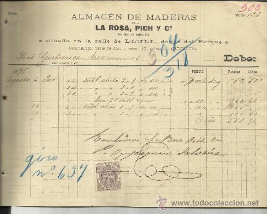 Facturas antiguas: FACTURA DE LA ROSA, PICH Y C&ordf;. ALMAC&Eacute;N DE MADERAS. BARCELONA. 1895