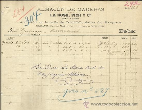 Facturas antiguas: FACTURA DE LA ROSA, PICH Y C&ordf;. ALMAC&Eacute;N DE MADERAS. BARCELONA. 1895