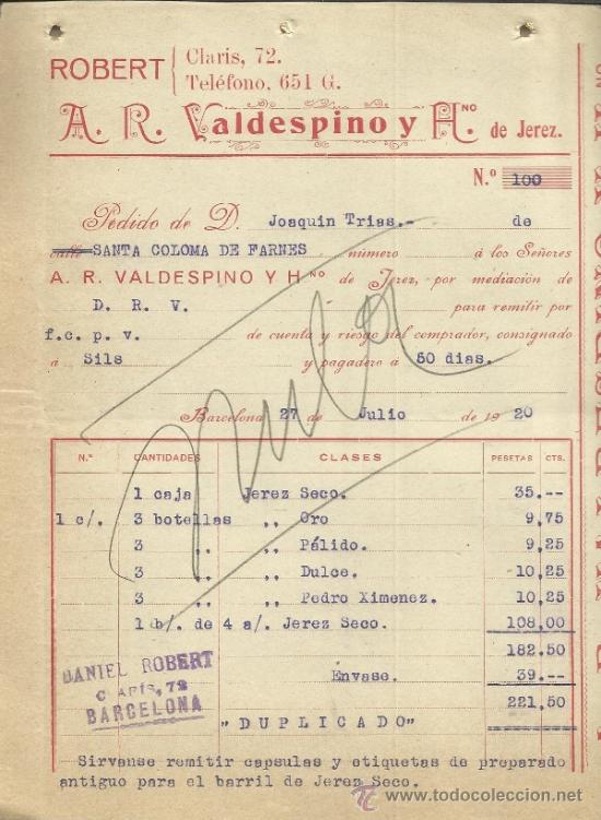 Facturas antiguas: FACTURA DE A.R. VALDESPINO Y HNOS. JEREZ DE LA FRONTERA. C&Aacute;DIZ. 1920