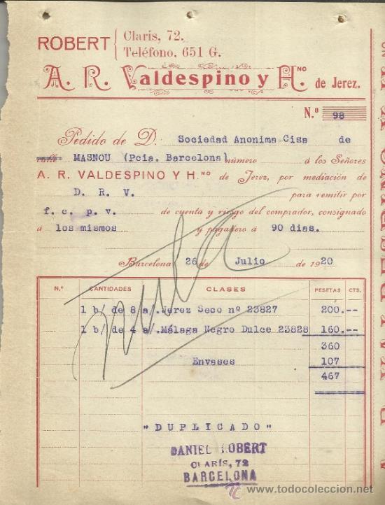 Alte Rechnungen: FACTURA DE A.R. VALDESPINO Y HNOS. JEREZ DE LA FRONTERA. C&Aacute;DIZ. 1920