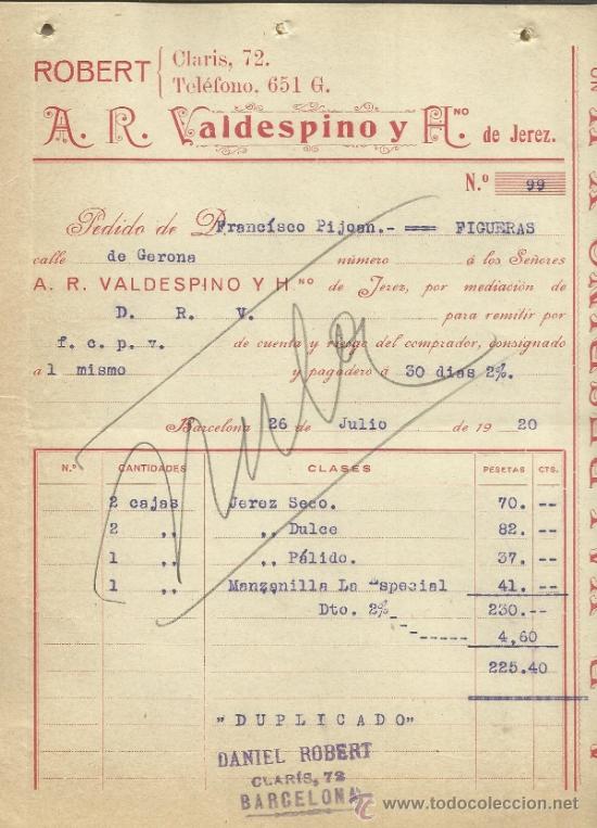Alte Rechnungen: FACTURA DE A.R. VALDESPINO Y HNOS. JEREZ DE LA FRONTERA. C&Aacute;DIZ. 1920