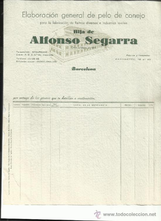 Old Invoices: MODELO DE FACTURA DE LA EMPRESA HIJA DE ALFONSO SEGARRA. BARCELONA