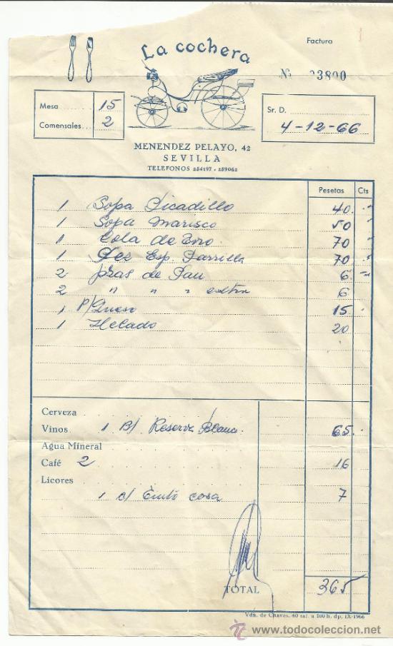 Old Invoices: FACTURA DE LA COCHERA. RESTAURANTE. SEVILLA. 1966
