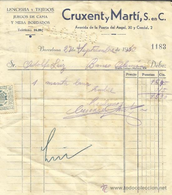 Old Invoices: FACTURA  DE CRUCENT Y MART&Iacute;, S. en C. LENCER&Iacute;A Y TEJIDOS. BARCELONA. 1940