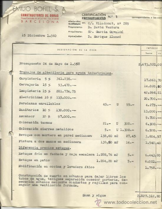 Old Invoices: FACTURA DE EMILIO BOFILL S.A. CONSTRUCTORES DE OBRAS. BARCELONA. 1960