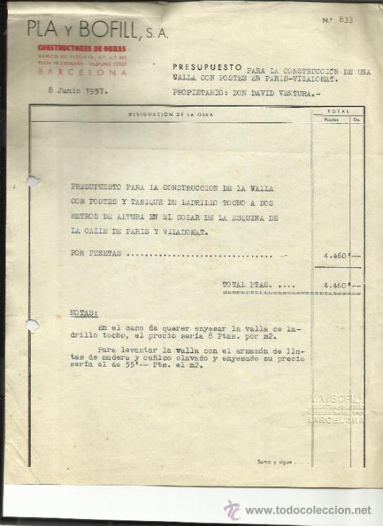 Old Invoices: FACTURA DE BOFILL Y PLA S.A. CONSTRUCTORES DE OBRAS. BARCELONA. 1957